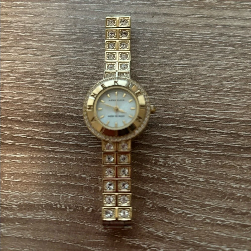 Anne Klein Gold Plated Rhinestone Bling Watch Water Resistant Logo Face 7” Dress